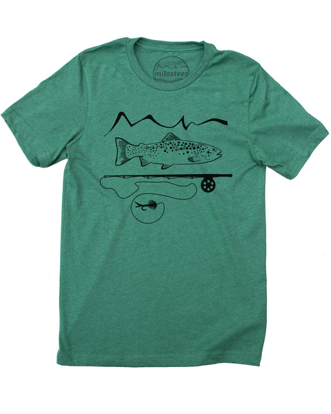 Green 50/50 Tee, graphic screen print of trout and a fly rod with our mountain logo, $21.99, free shipping in the USA.