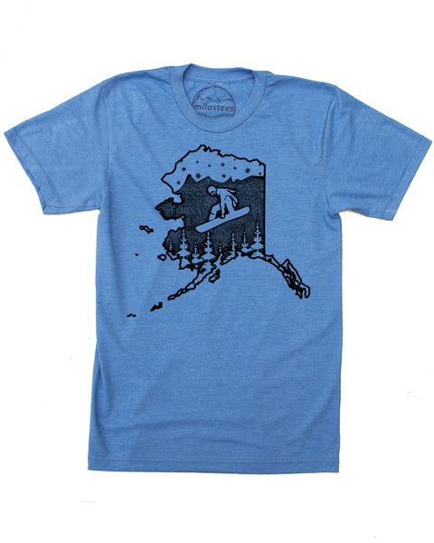 Alaska Snowboard T-shirt, Soft Threads Screen Printed by hand and shipped free in the USA