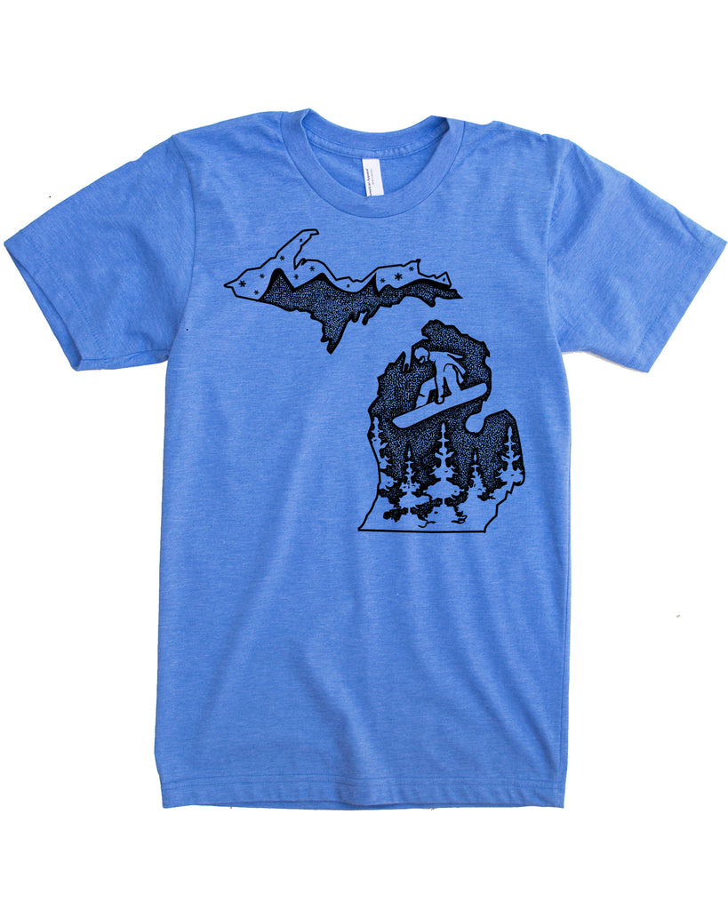 Michigan Snowboard T-shirt- Board the Wolverine State in a Powdery Soft 50/50 Tee that will Elevate your Day!