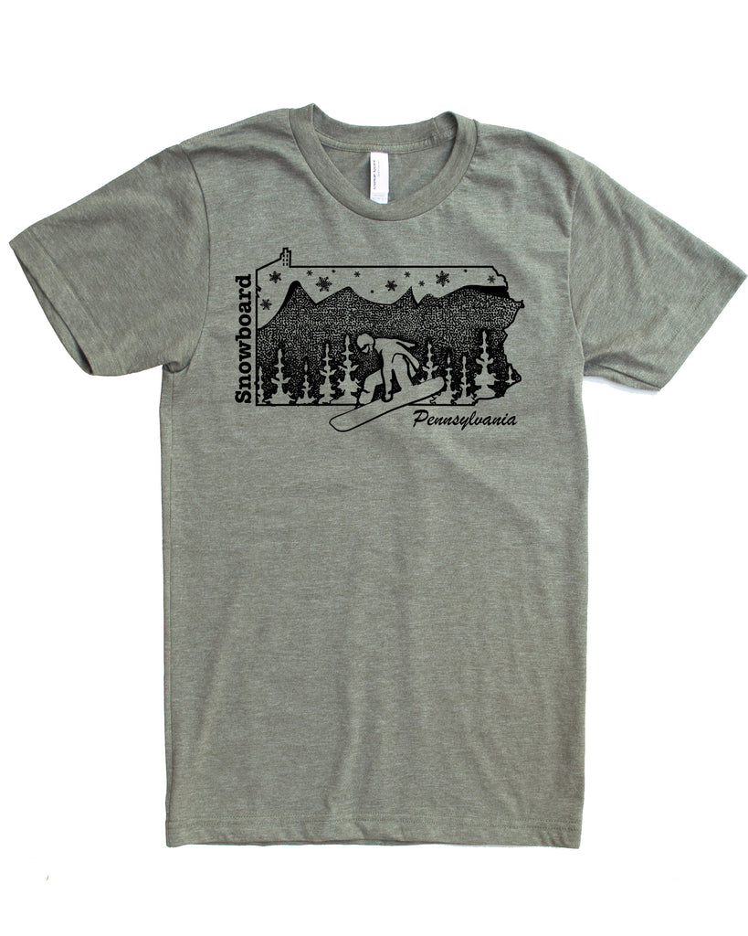 Pennsylvania T-shirt- Snowboard graphic on soft 50/50 tee's- Ski the Poconos in Silky Apparel and Elevate the day! $21.99