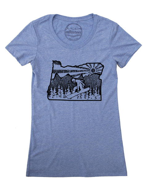 Snowboard Oregon Shirt, Women's Form Fitting Fashion, Soft Threads Screen Printed By Hand