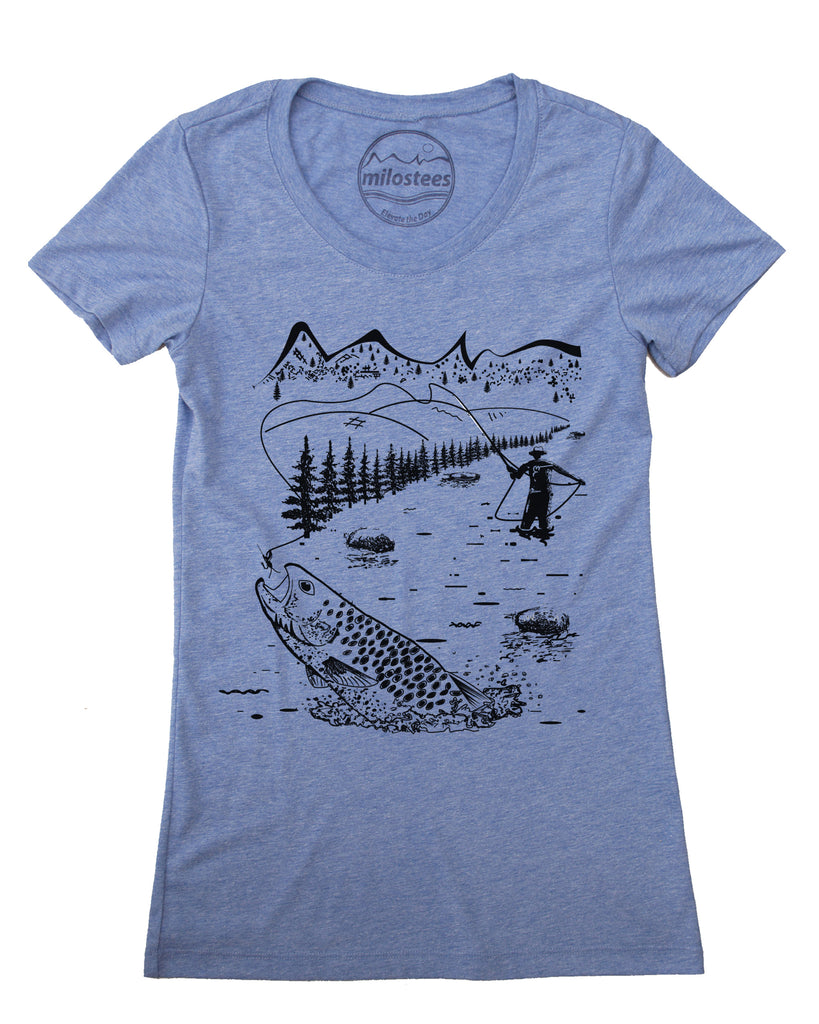 Fly Fishing Tee- Graphic Illustration- Women's Form Fitting and Loose Fit Styles Large / Athletic Blue