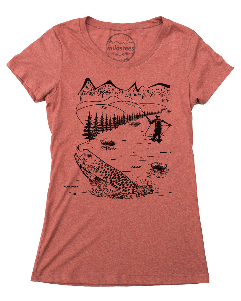Fly Fishing Tee- Graphic Illustration- Women's Form Fitting and Loose Fit Styles Large / Clay