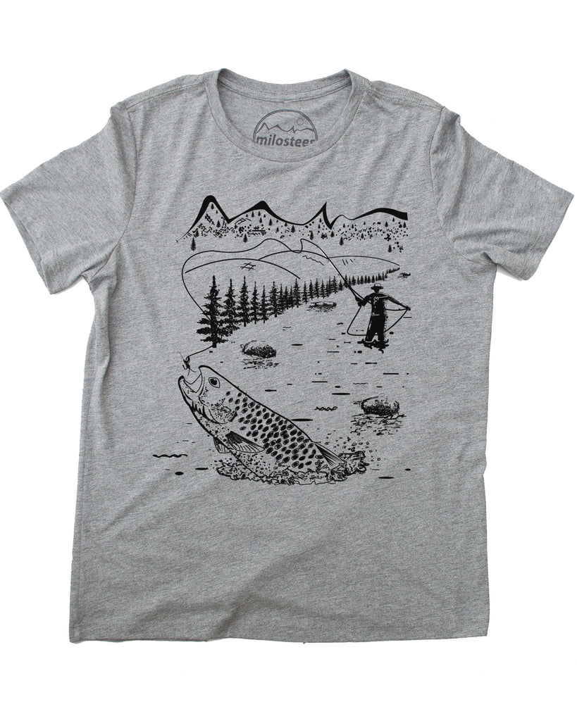 Fly Fishing Tee- Graphic Illustration- Women's Form Fitting and Loose Fit Styles Small / Heather Grey