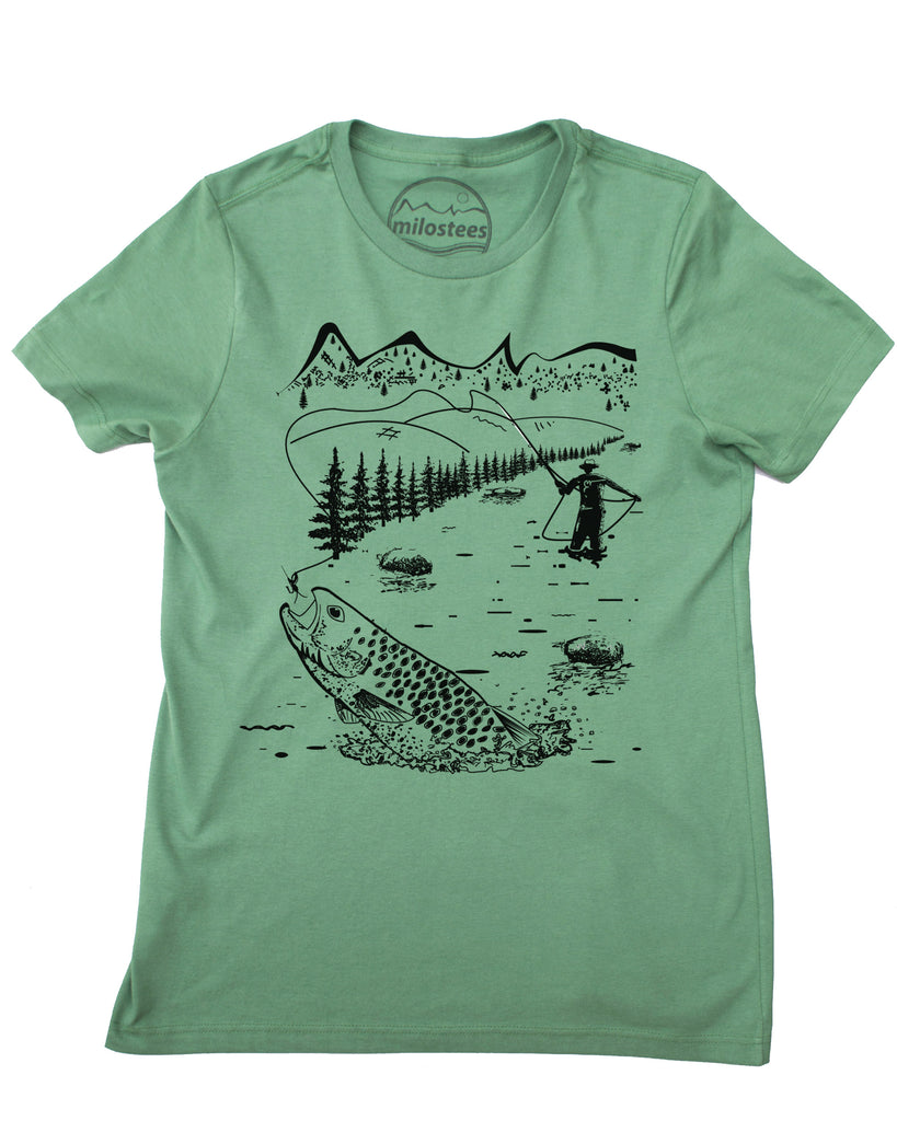 Fly Fishing Tee- Graphic Illustration- Women's Form Fitting and Loose Fit Styles Medium / Organic Pine