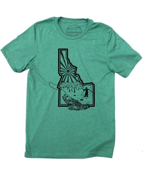 Idaho Shirt Fly Fishing Style with a Fisherman Casting a Magical Fly- Print on Soft 50/50 Tee's
