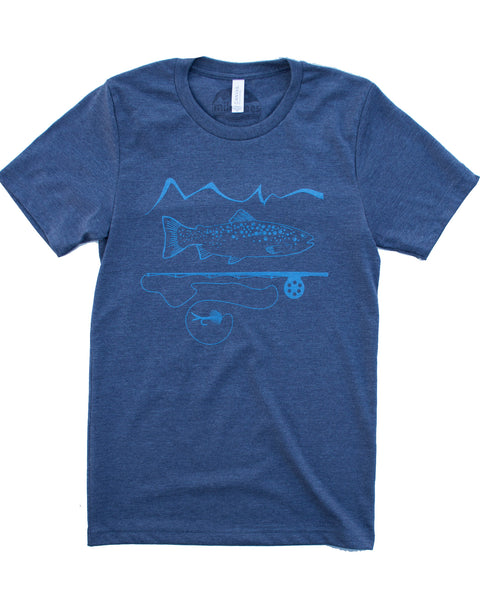 Dark Blue 50/50 tee, graphic screen print of trout and a fly rod with our mountain logo, $21.99, free shipping in the USA.