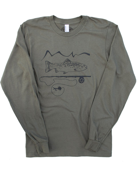 Army green long sleeve 90% cotton, 10% polyester tee, graphic screen print of trout and a fly rod with our mountain logo, $21.99, free shipping in the USA.