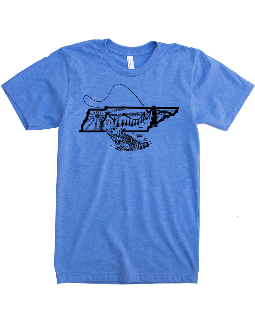 Tennessee Fly Fishing Shirt- Soft As A Fly Cast! Graphic Tennessee Print. XSmall / Blue