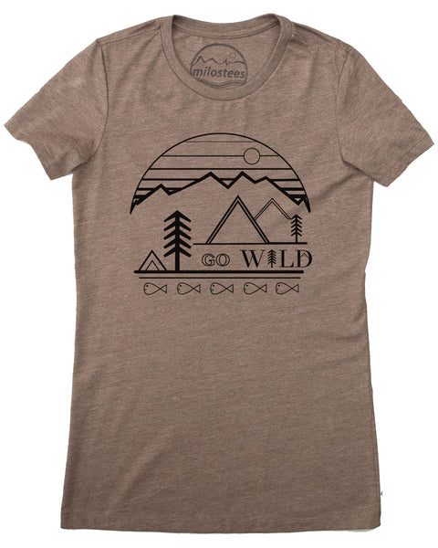 Go Wild graphic screen print on a coffee colored tee in a form fitting style, 50/50 blend.