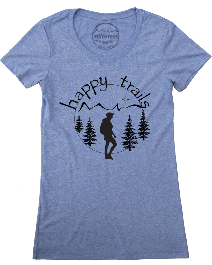 Happy Trails Screen Print of a Woman Hiking on Soft Blue Shirt in a Cotton, Polyester, Rayon Blend.