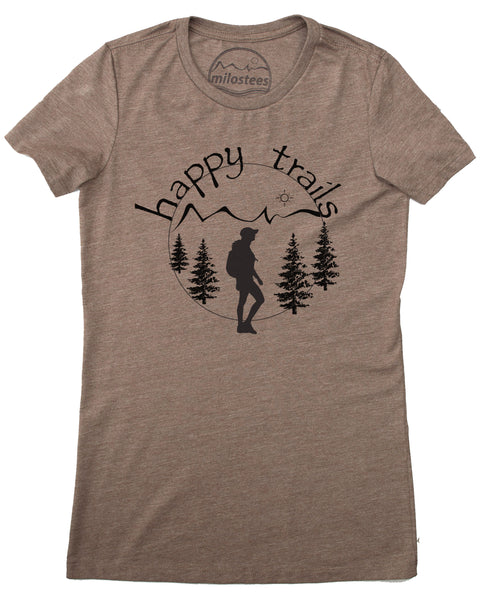 Happy Trails Screen Print of a Woman Hiking on Soft Brown Colored Shirt in a Cotton, Polyester, Rayon Blend.