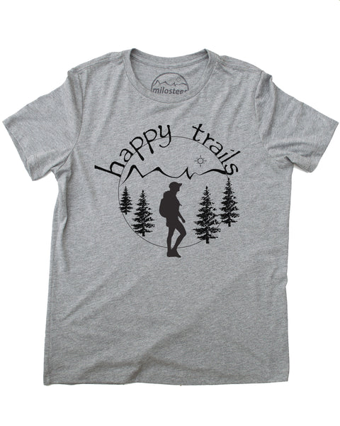 Happy Trails Screen Print of a Woman Hiking on Soft Grey Colored Shirt in a Loose Fit and a Cotton, Polyester, Rayon Blend.
