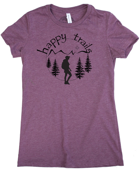 Happy Trails Screen Print of a Woman Hiking on Soft Plum Colored Shirt in a Cotton, Polyester, Rayon Blend.