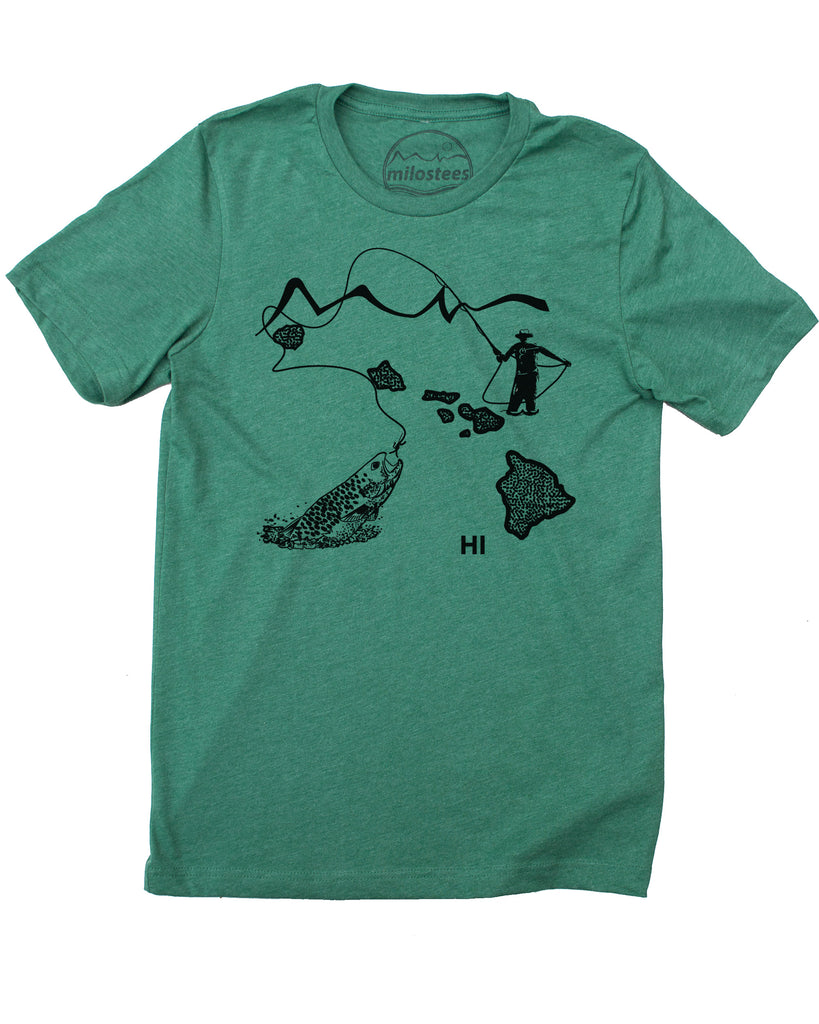 Hawaii Home Shirt | Original Fly Fishing Illustration | Hand Screen Print  on Soft 50/50 Tee's | Elevate the Day! - Xsmall / Green