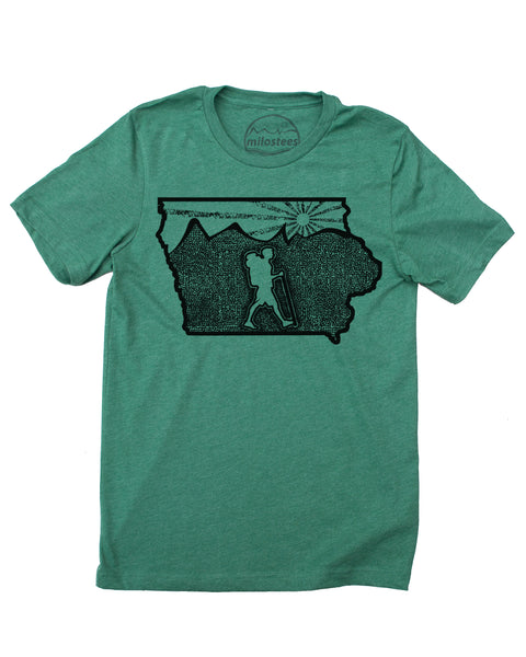 Iowa home shirt with original illustration of a hiker in the middle of the state surrounded by rolling hills and a setting sun. Cotton, polyester blend by Bella + Canvas in a green hue, print is black ink. $21.99, free shipping in USA. 