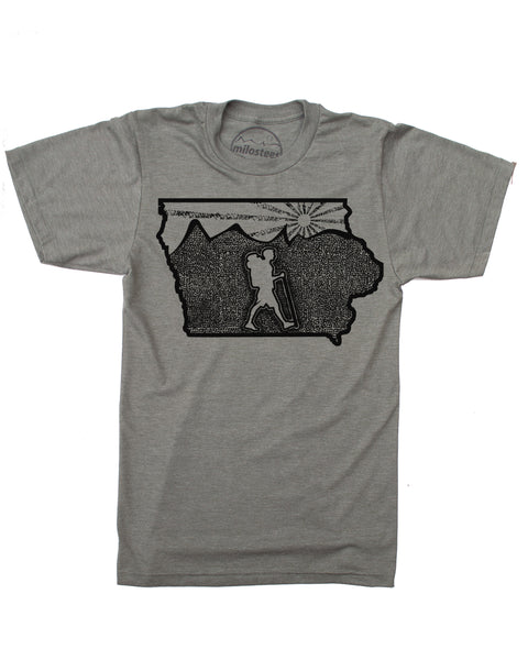 Iowa home shirt with original illustration of a hiker in the middle of the state surrounded by rolling hills and a setting sun. Cotton, polyester blend by Bella + Canvas in a army green hue, print is black ink. $21.99, free shipping in USA. 
