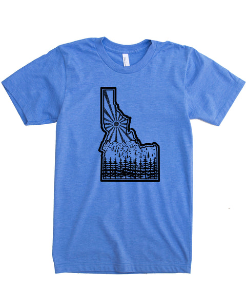 Idaho State Screen Print with Mountains and trees- color blue, cotton/polyester