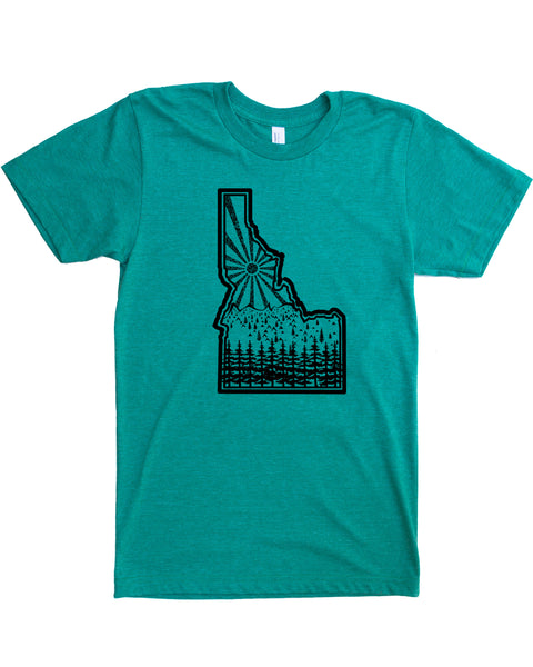 Idaho State Screen Print with Mountains and trees- color green, cotton/polyester