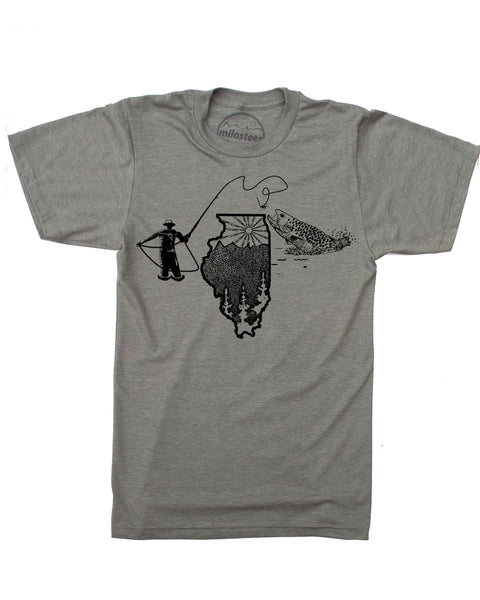 Army Green Illinois fly fishing graphic, hand screen printed, original design of a fly fisherman casting a line over a sun lit Illinois for a magical fish strike! Soft cotton, polyester blend