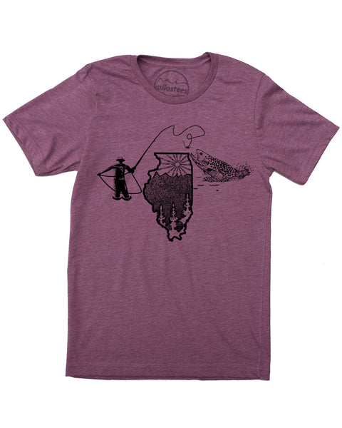 Plum Illinois fly fishing graphic, hand screen printed, original design of a fly fisherman casting a line over a sun lit Illinois for a magical fish strike! Soft cotton, polyester blend