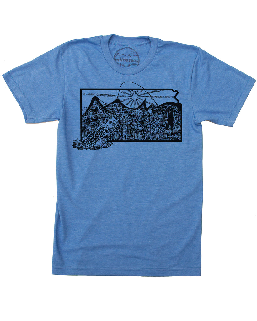 Kansas Home Shirt | Original Fly Fishing Graphic | Hand Screen Print On Soft 50/50 Tees | Elevate The Day! Medium / Blue