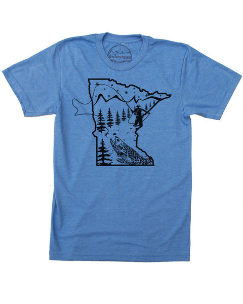 Minnesota T shirt with fly fishing style- Cast a Line in the North Star State and elevate your day in a soft 50/50 blend of fabrics.