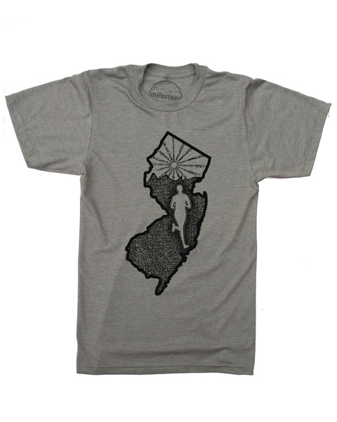 New Jersey home shirt with a runner illustration, runner inside the state outline, rolling hills and a setting sun also infill the state. Hand screen printed on an army green hue in a cotton, polyester blend. $21.99, free shipping in USA. Elevate the day! 
