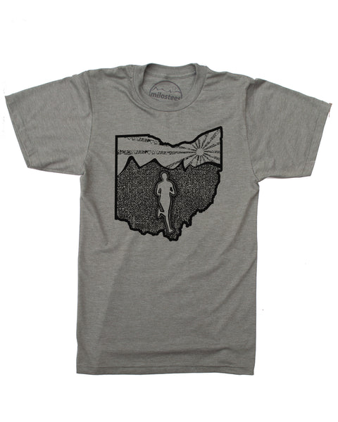 Ohio home shirt with original running illustration of a runner in the state outline of Ohio, complete with rolling hills and setting sun, all of which are inside the state outline.  Hand screen printed on a army green hue by Bella Canvas in a cotton, polyester blend. $21.99, free shipping in the USA. 
