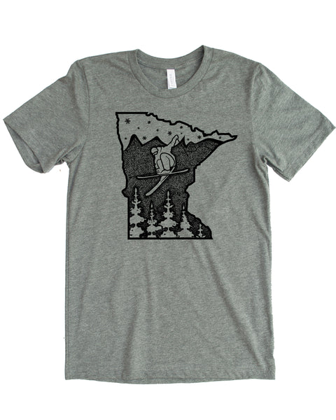 Minnesota Shirt- Graphic Screen Print of a Skier getting air in the North Star State.