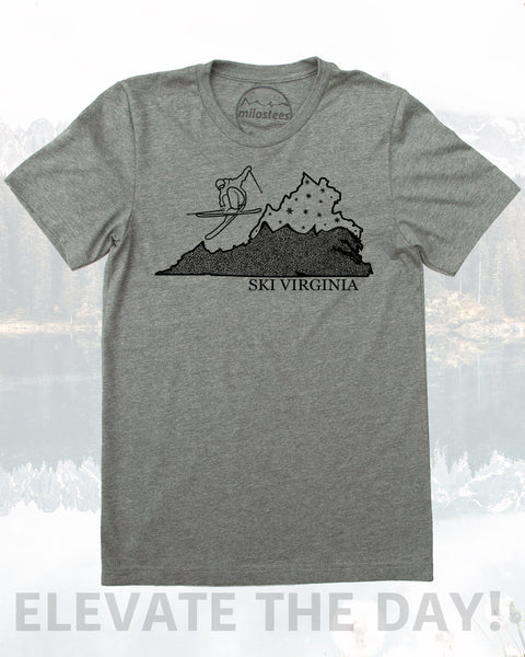 Virginia T Shirt- Graphic Illustration of Skier Shredding The Commonwealth in a Soft 50/50 Tee- Hand Screen Printed