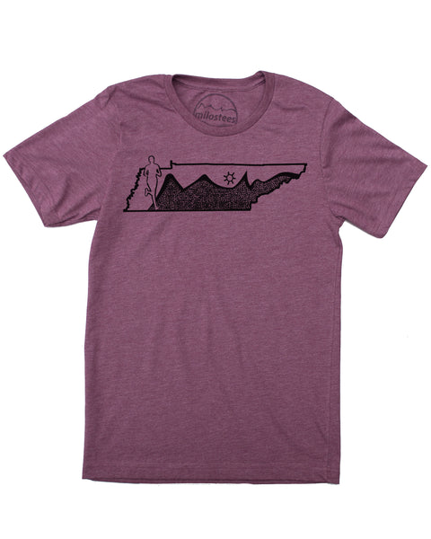 Run Tennessee Plum Tee- design of runner inside TN infilled with mountains and sun. Hand screen printed $21.99, free shipping in USA. Soft cotton, polyester blend.